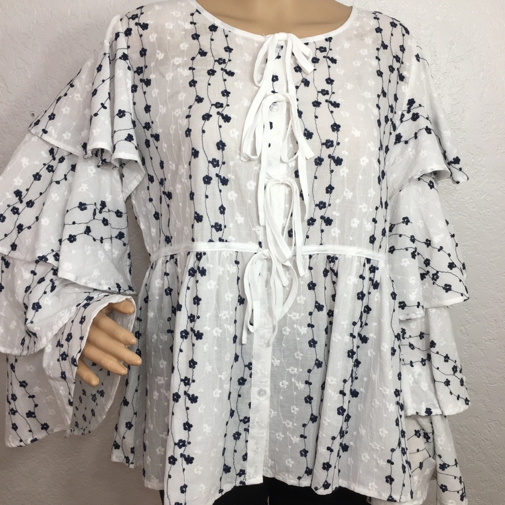 Lumie Embroidered Tiered Ruffle Sleeve Blouse